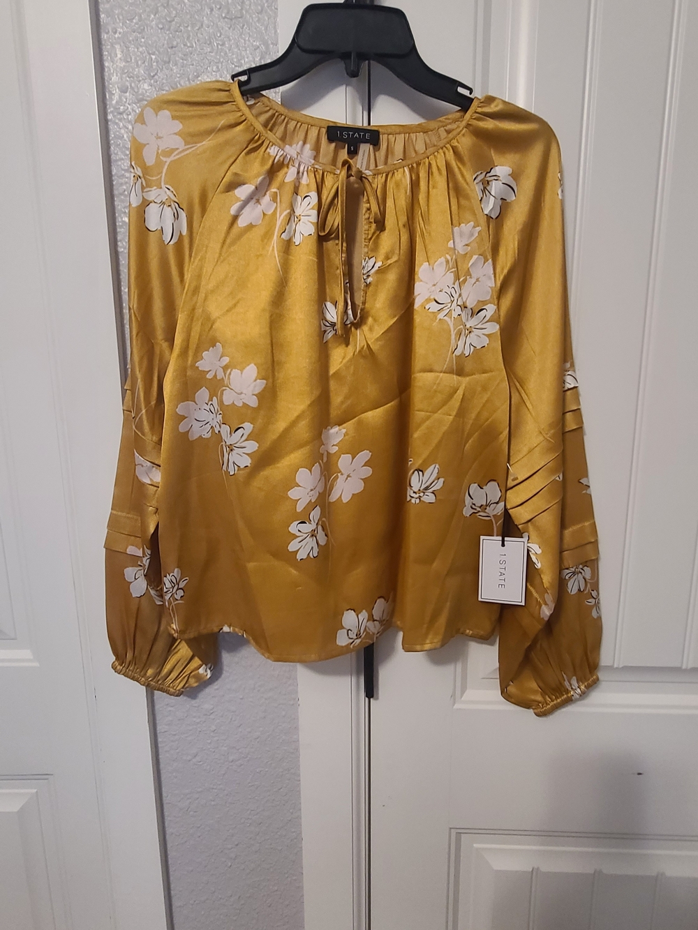 STATE Mustard Satin Floral Tie-Neck Blouse